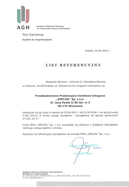Referencje AGH za usługi sprzątania
