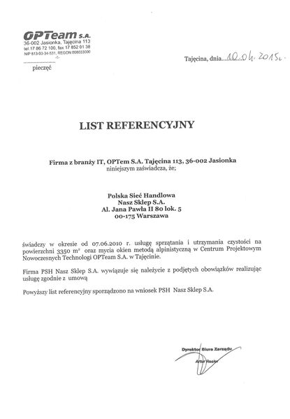 Referencje OPTeam za usługi sprzątania