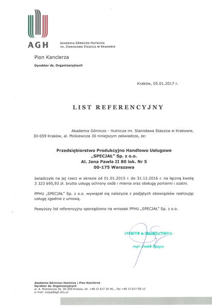 Referencje AGH za realizację usług ochrony