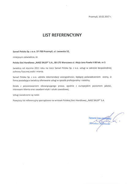 Referencje Sanwil za usługi ochrony