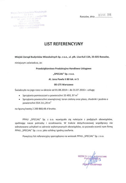 Referencje MZBM za usługi sprzątania