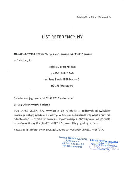 Referencje Toyota dla Specjal Ochrona