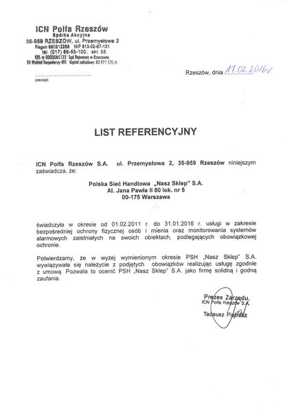 Referencje Polfa za realizację usług ochrony
