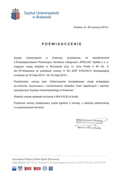 Referencje Szpitala Uniwersyteckiego w Krakowie
